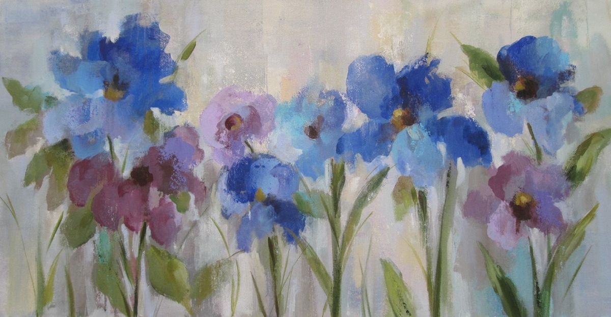 Bold Blue Flowers By Silvia Vassileva, 40 X 20, Artwork For Sale On Artfinder
