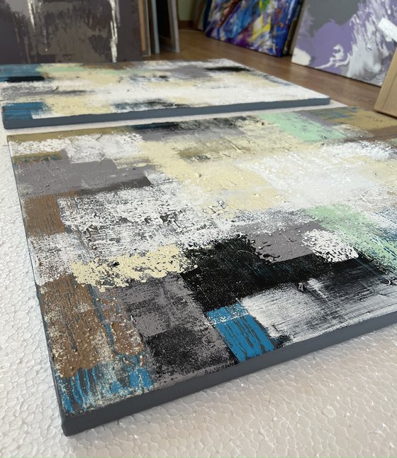 Patchwork art on canvas.