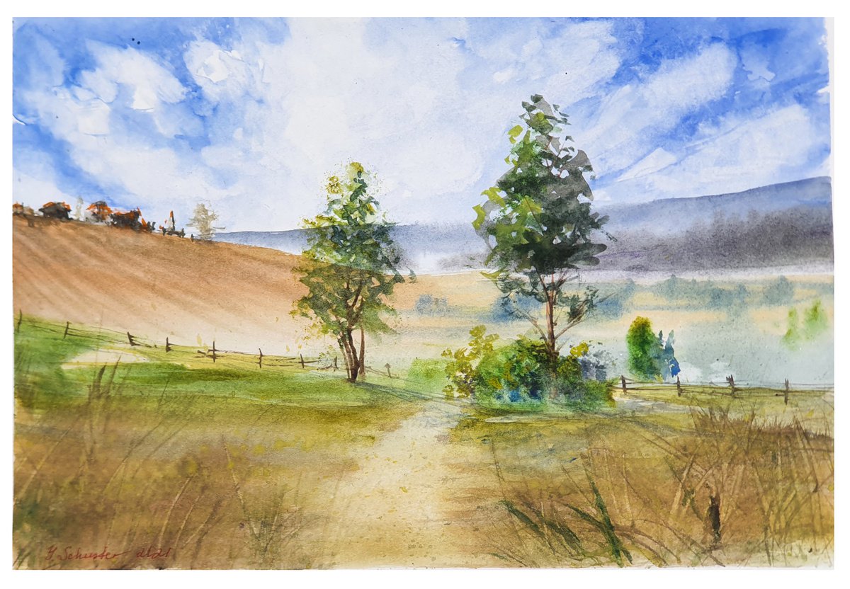 Impressionistic Landscape Watercolour By Yulia Schuster, 12 X 8", Autumn Dreams, Original Artwork