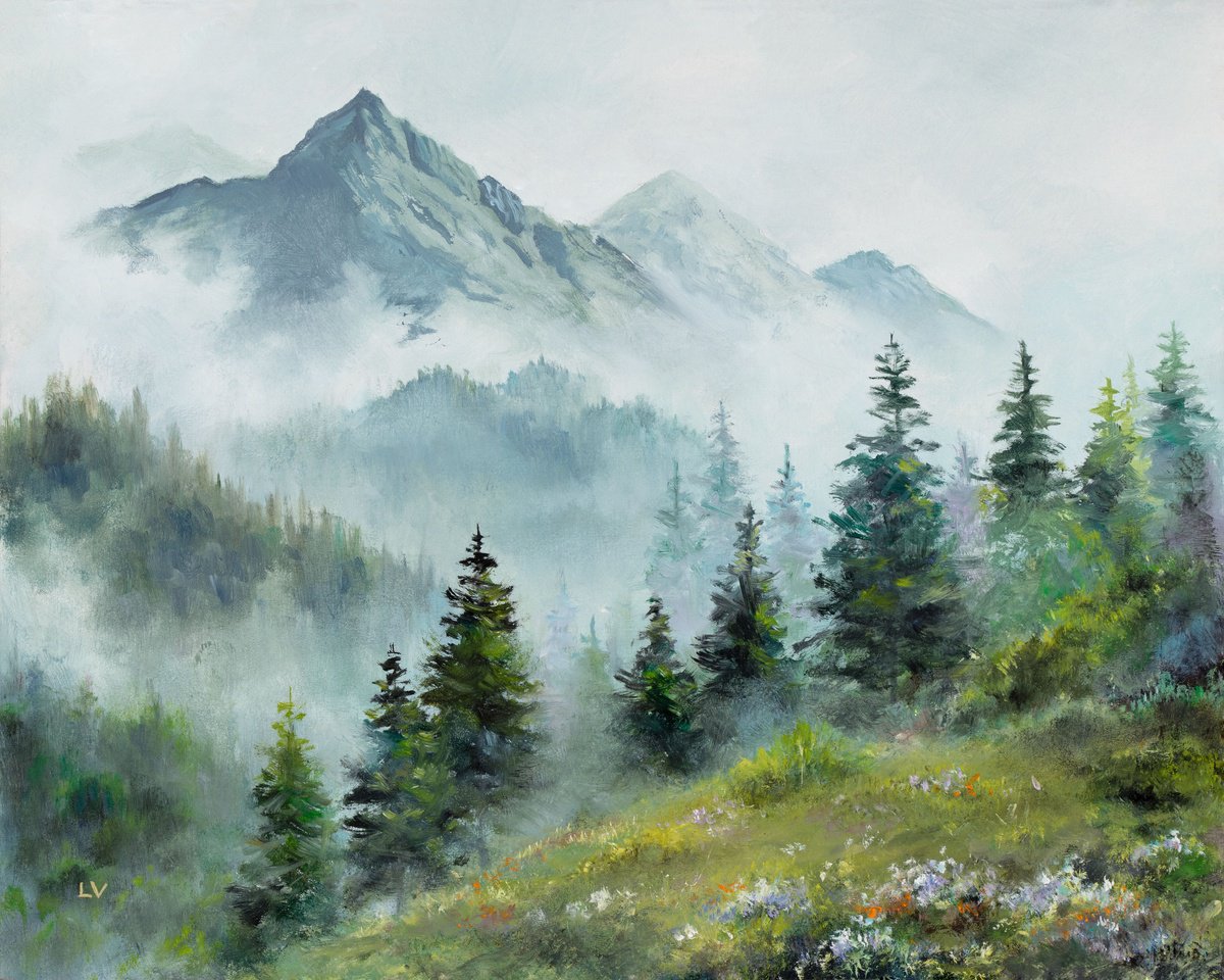 Misty mountains and pine trees by Lucia Verdejo