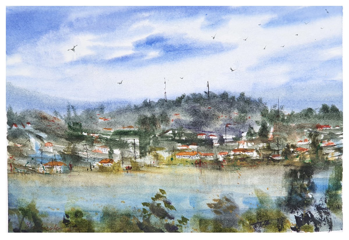 Impressionistic Landscape Watercolour By Yulia Schuster, 12 X 8", Coast V1, Original Artwork