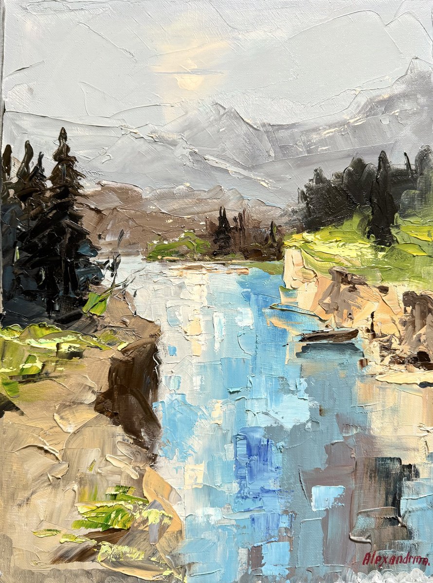 Impressionistic Landscape Oil Painting By Irina Alexandrina, 12 X 16, Mountain River., Original Artwork