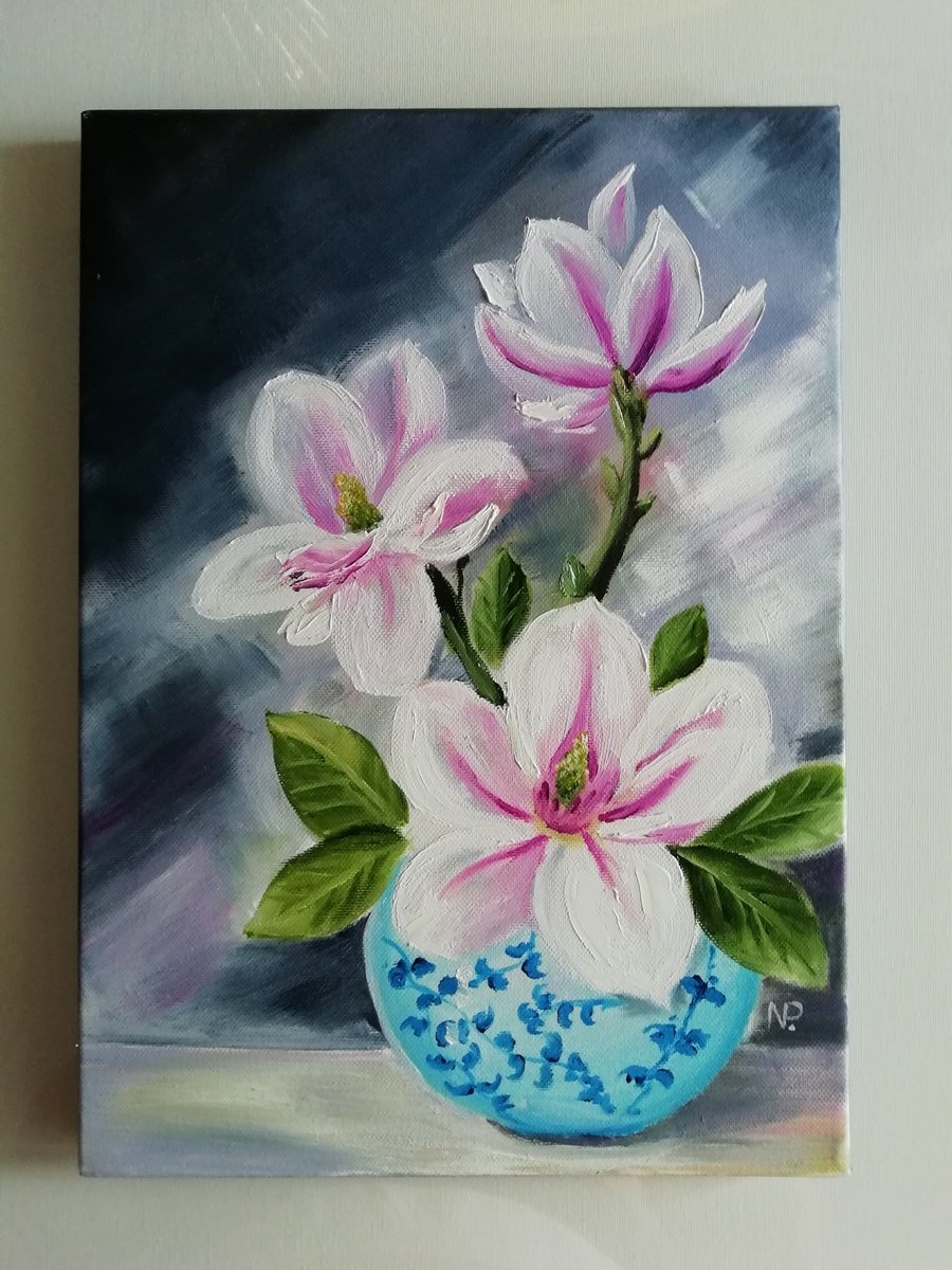 Impressionistic Botanical Oil Painting By Nataliia Plakhotnyk, 10 X 14", Magnolia In A Vase, Original Artwork
