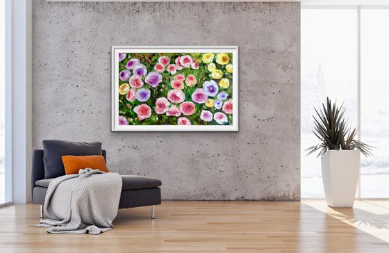 WHITE PINK YELLOW PURPLE  ROSES IN A GARDEN palette knife modern still life  flowers office home decor gift