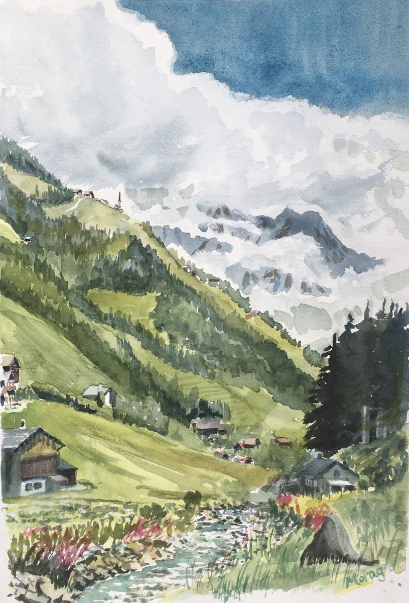 Impressionistic Watercolour , Clouds Lifting Over St. Quirin By Morag Paul, 20 X 28, Artwork For Sale On Artfinder