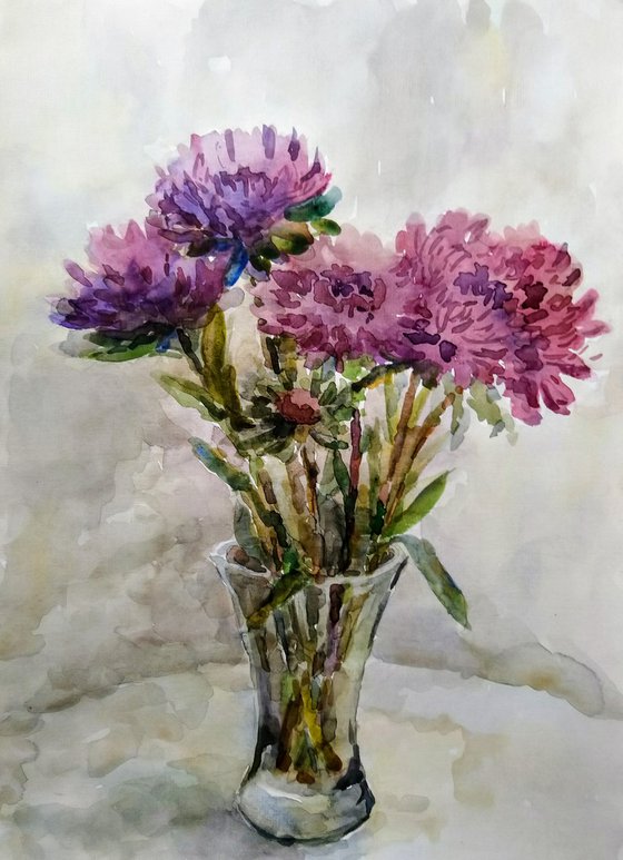 Asters in vase. Original watercolour painting.