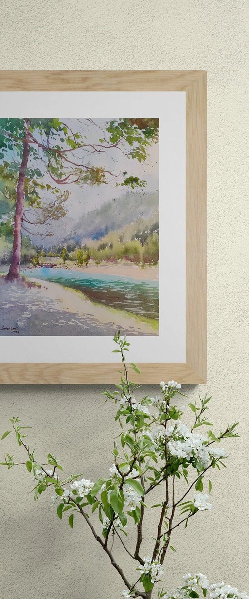 Lake Jasna, Slovenia Original watercolor painting (2023), Mountains lake art by Larisa Carli