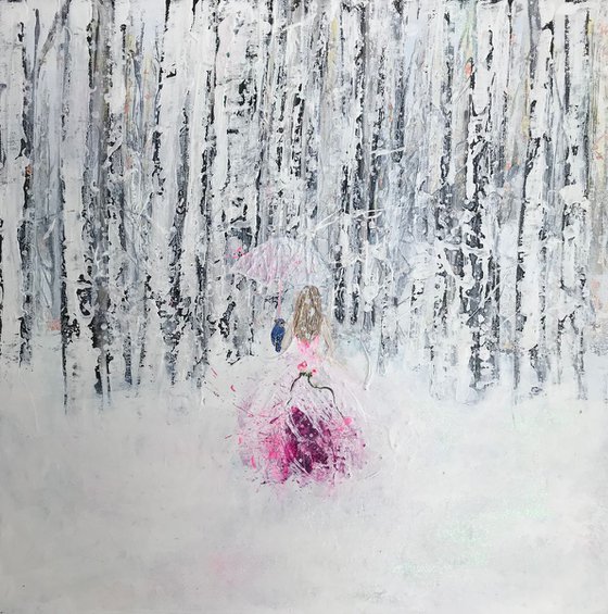 "Storm" girl with umbrella and bird in snow forest winter