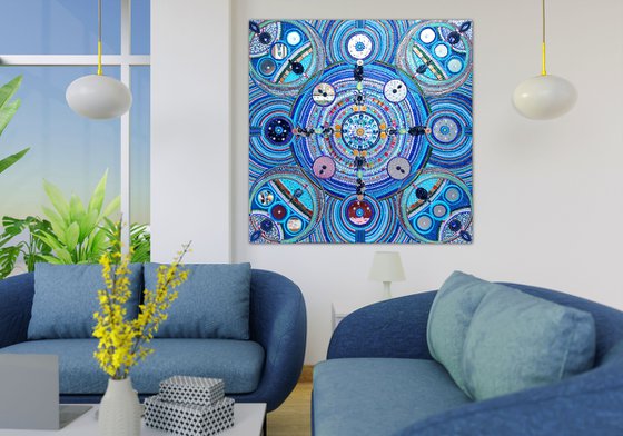 SPACE - decorative wall sculpture of rhinestones, mirrors, crystals. Turquoise blue abstract painting