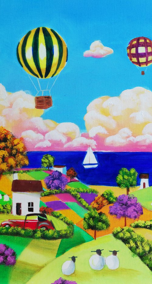 Folk art painting rolling hills seaside (Linen canvas) by Gordon Bruce