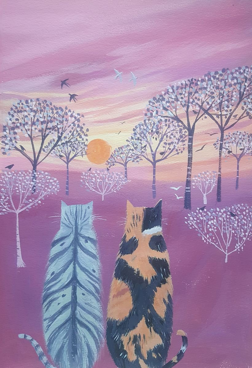 Naive Animal Acrylic Painting By Mary Stubberfield, 11 X 16", Birdwatching At Sunset, Original Artwork