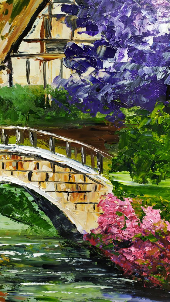 Autumn tale, original landscape bridge tree oil painting, Gift, art for home
