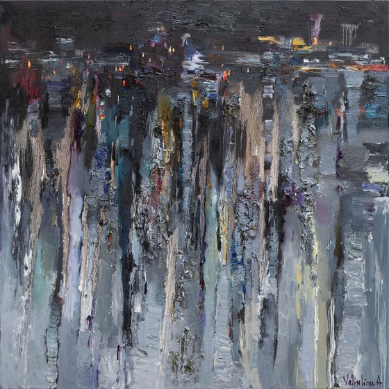 Gray Abstract Painting - Night street - 90 x 90 cm - Original oil painting