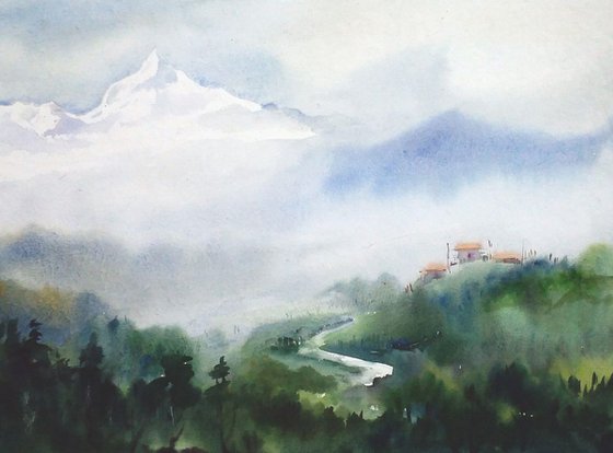 Mountain Peak & Mountain Landscape - watercolor painting