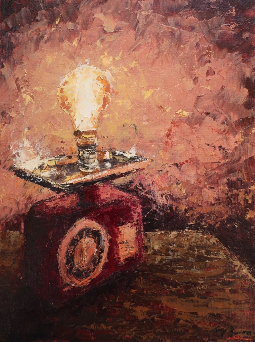 Impressionistic Still Life Acrylic Painting By Tony Berriman, 12 X 16", Kitchen Scales Lamp, Original Artwork