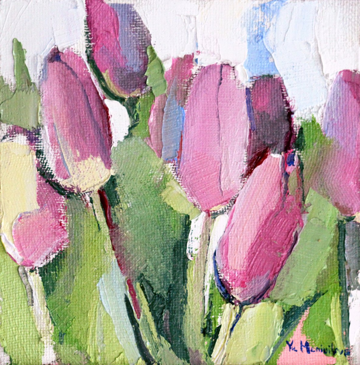 Tulip - Pink flowers - Square miniature - Gift idea by Yuliia Meniailova