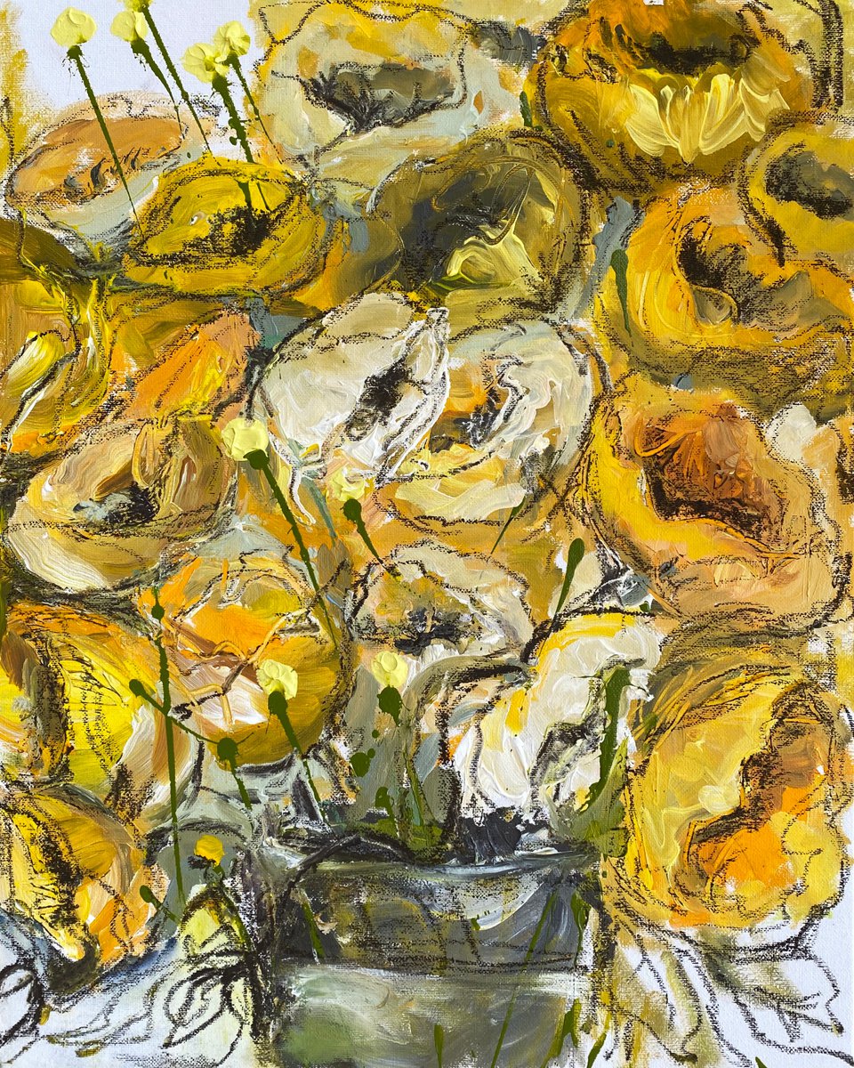 Yellow poppies in vase bouquet original painting by Oksana Petrova