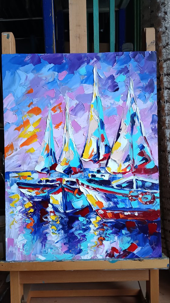 Calm in the ocean - yachts at sunset, sea and sky, yacht, oil painting, boats, sunset, yacht club, seascape, sea with yachts, yacht original painting, gift for man