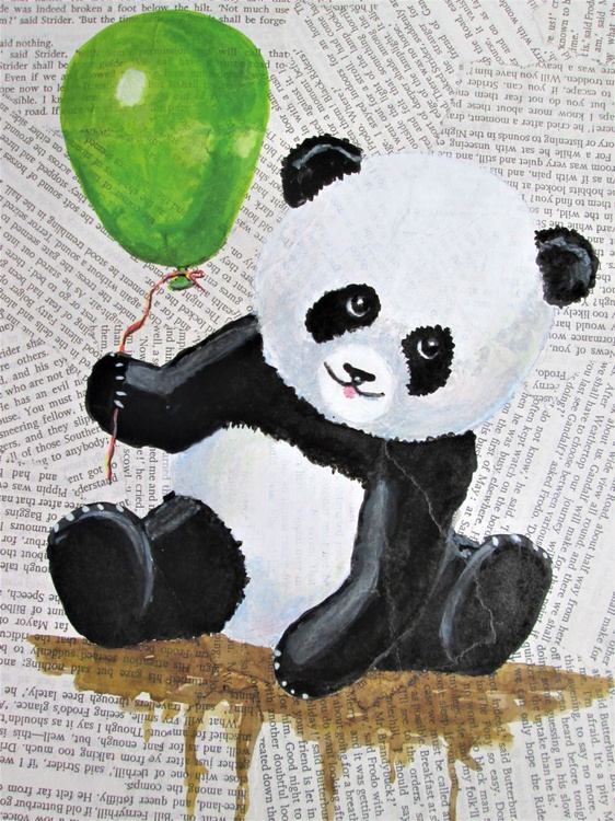 Panda Bear With Green Balloon By Marjan S Art Artfinder