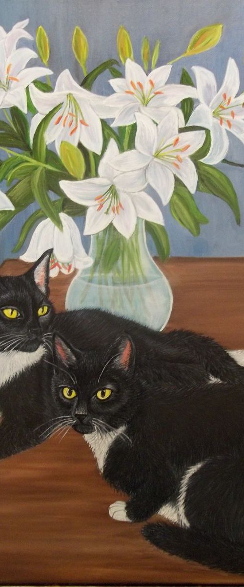 Tuxedo Cats and White Lilies by Sofya Mikeworth
