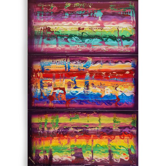 Rainbow A828 Large abstract paintings Palette knife 100x150x2 cm set of 3 original abstract acrylic paintings on stretched canvas