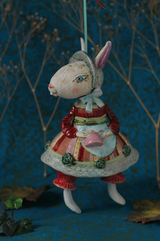 Rabbit mom, hanging sculpture, bell doll by Elya Yalonetski