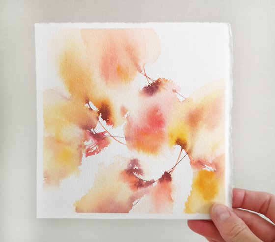 Yellow abstract flowers, small watercolor painting