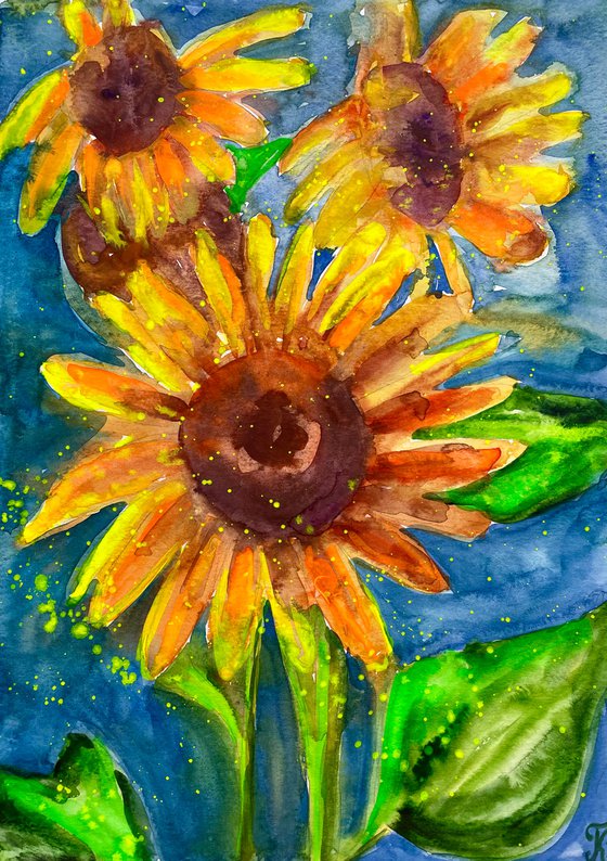 Sunflowers painting, Yellow Flowers Original Watercolor Painting