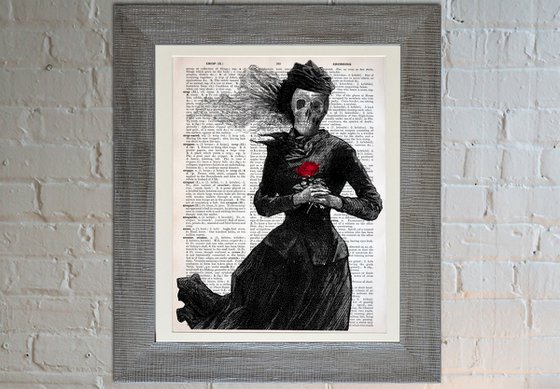 Red Rose of Death - Collage Art Print on Large Real English Dictionary Vintage Book Page