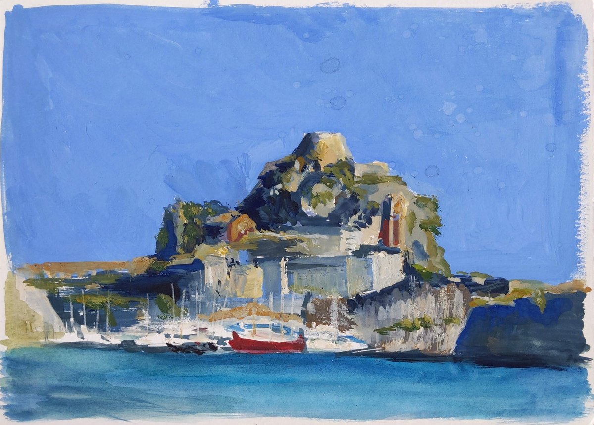 Old Venetian Fortress of Corfu island - Corfu island - original watercolor painting - seas... by Anna Brazhnikova