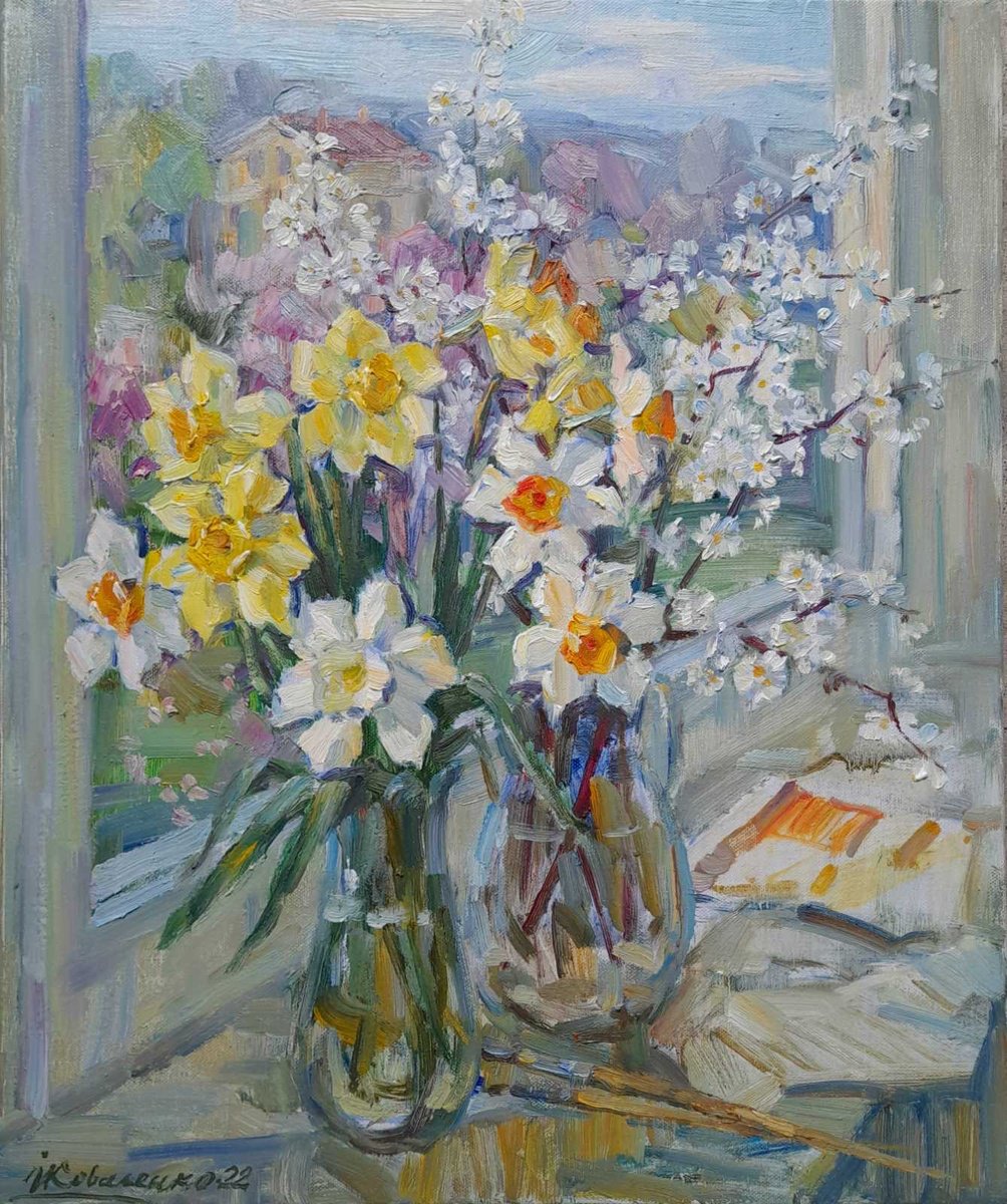 Impressionistic Still Life Oil Painting By Ivan Kovalenko, 20 X 24, Daffodils, Original Artwork