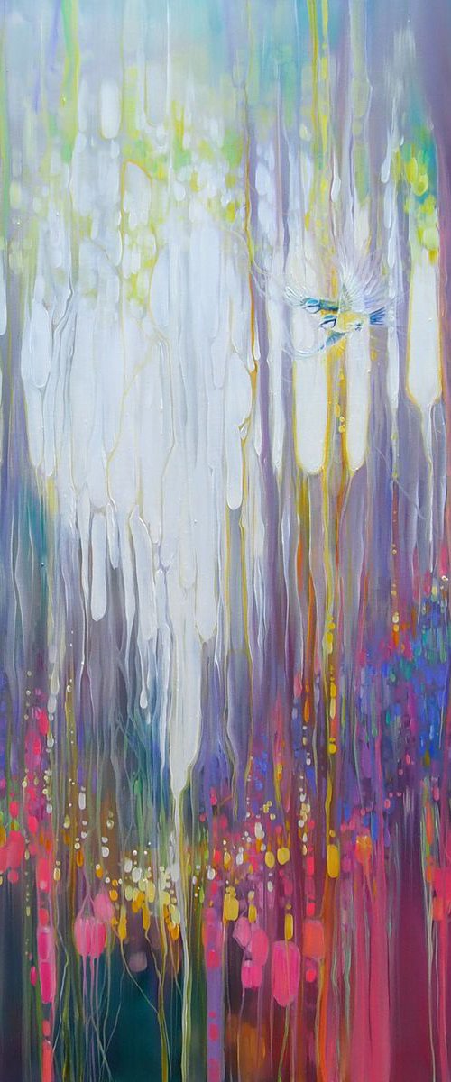 The Secret - a semi abstract woodland glade with wildflowers and birds by Gill Bustamante