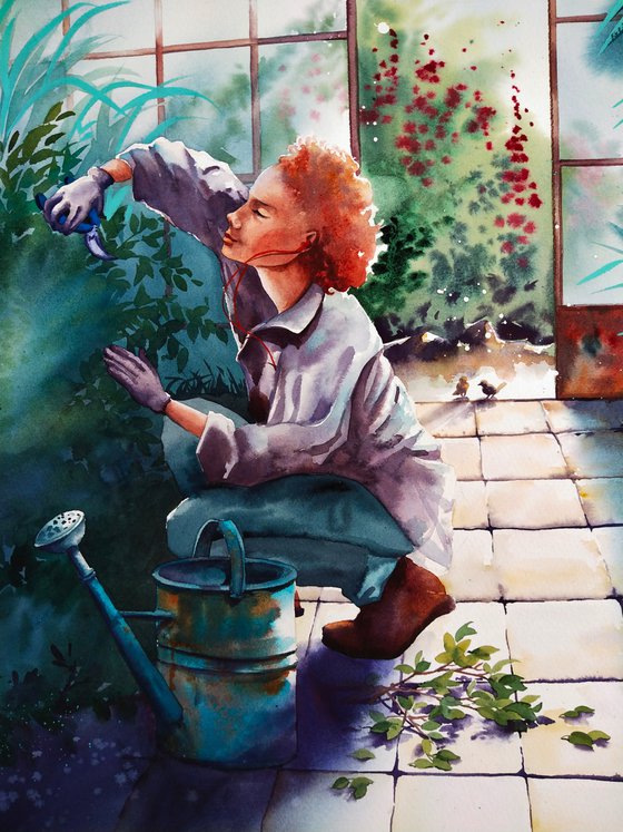 Botanical garden fairy #03- large watercolor painting, girl in the greenhouse