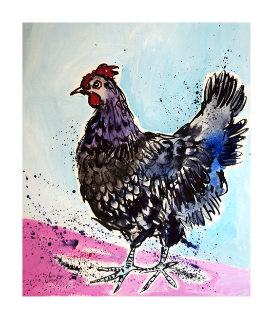 Black Hen (on Pink and Blue)