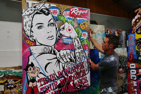 Rosie Romancing 120cm x 150cm Rosie The Riveter Textured Urban Pop Art