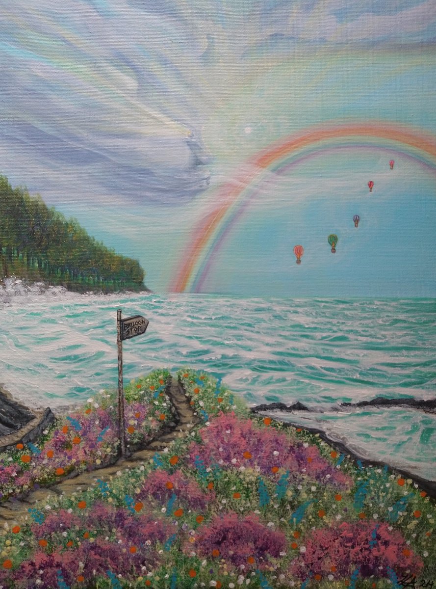 Surrealistic Landscape Acrylic Painting By Zoe Adams, 12 X 15", Balloon Stop., Original Artwork