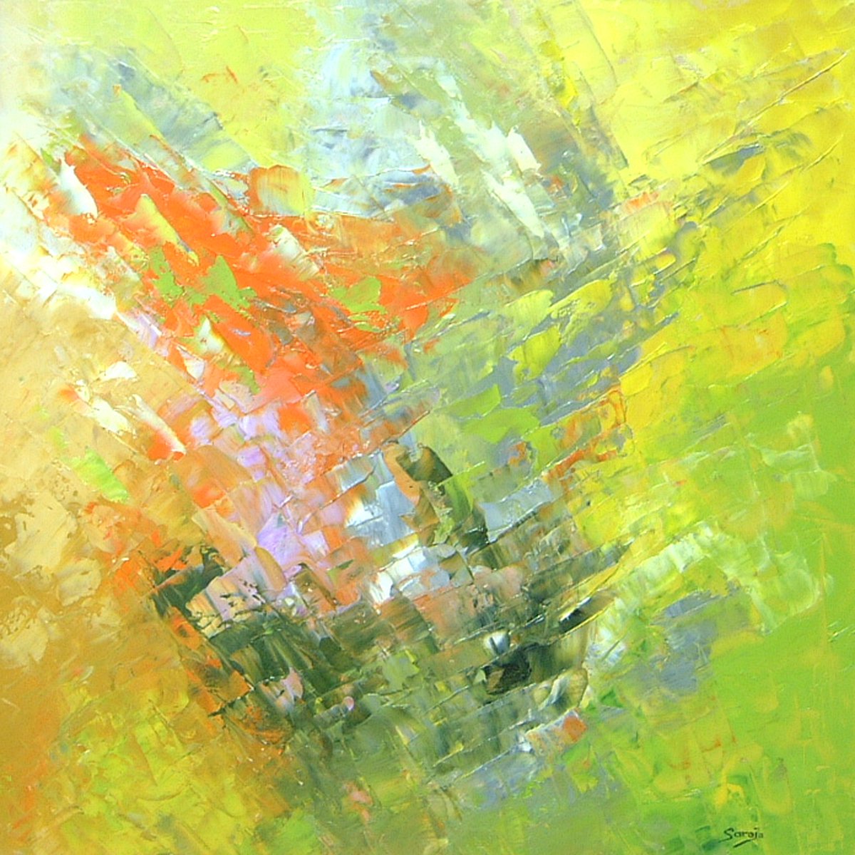 Abstract Landscape Oil Painting By Saroja Van Der Stegen, 17 X 17", Raindance I (Ref#:1117-40Q), Original Artwork