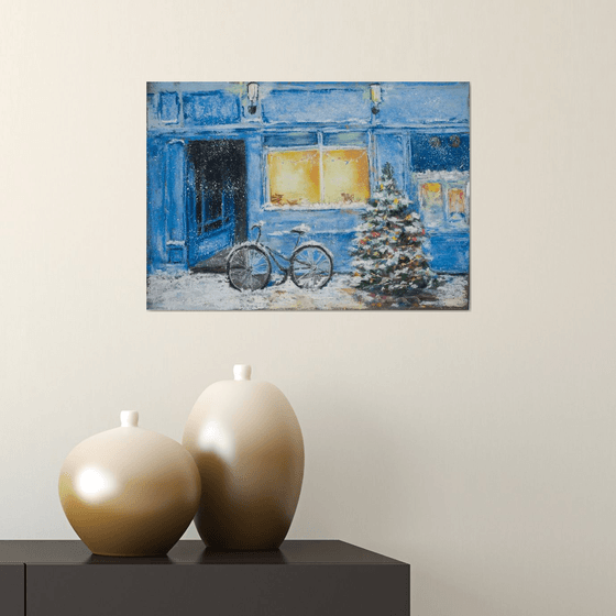 Christmas time in Honfleur, France. Fantasy. France winter small painting blue yellow magic