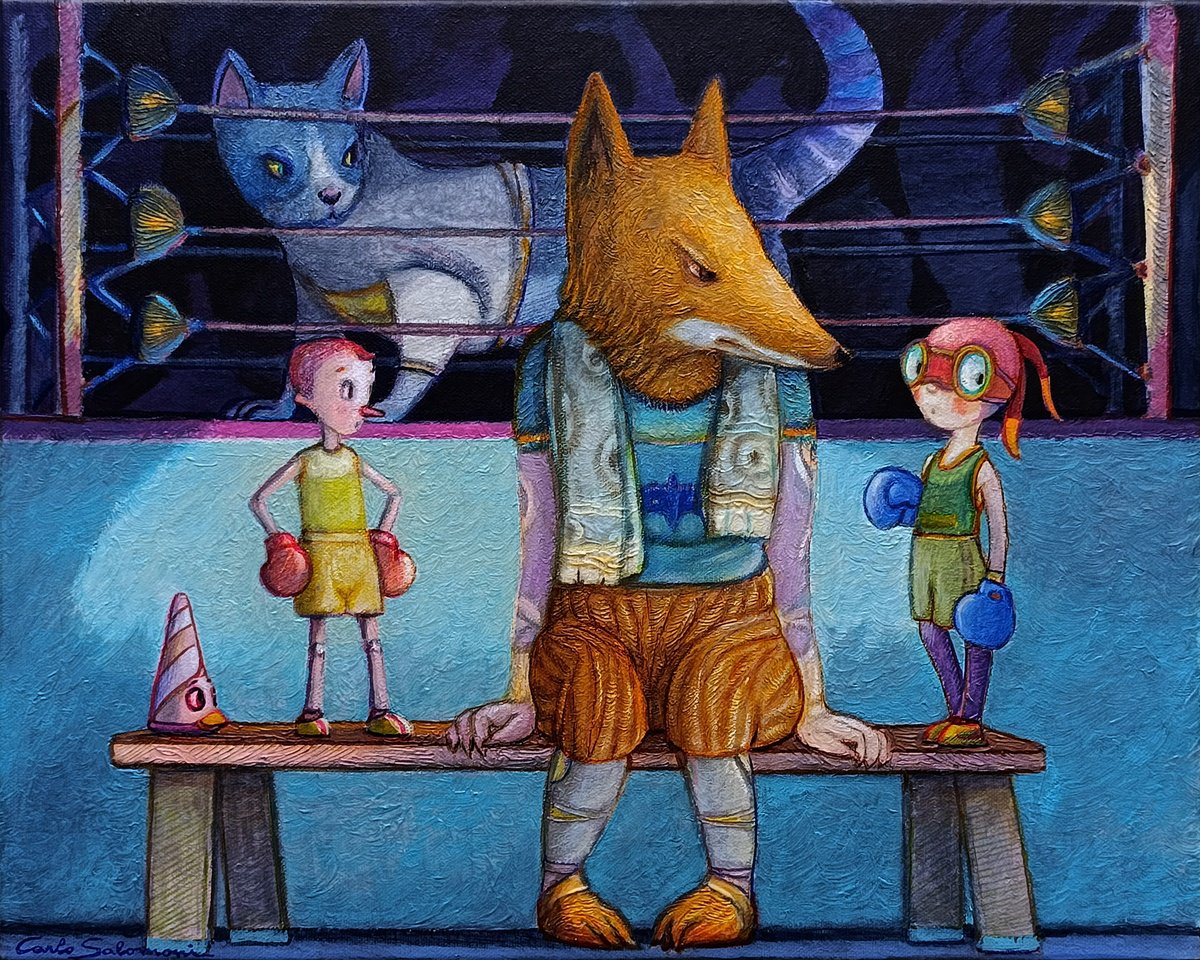 Illustrative Portrait Acrylic Painting By Carlo Salomoni, 20 X 16, A Strange Boxing Ring, Original Artwork