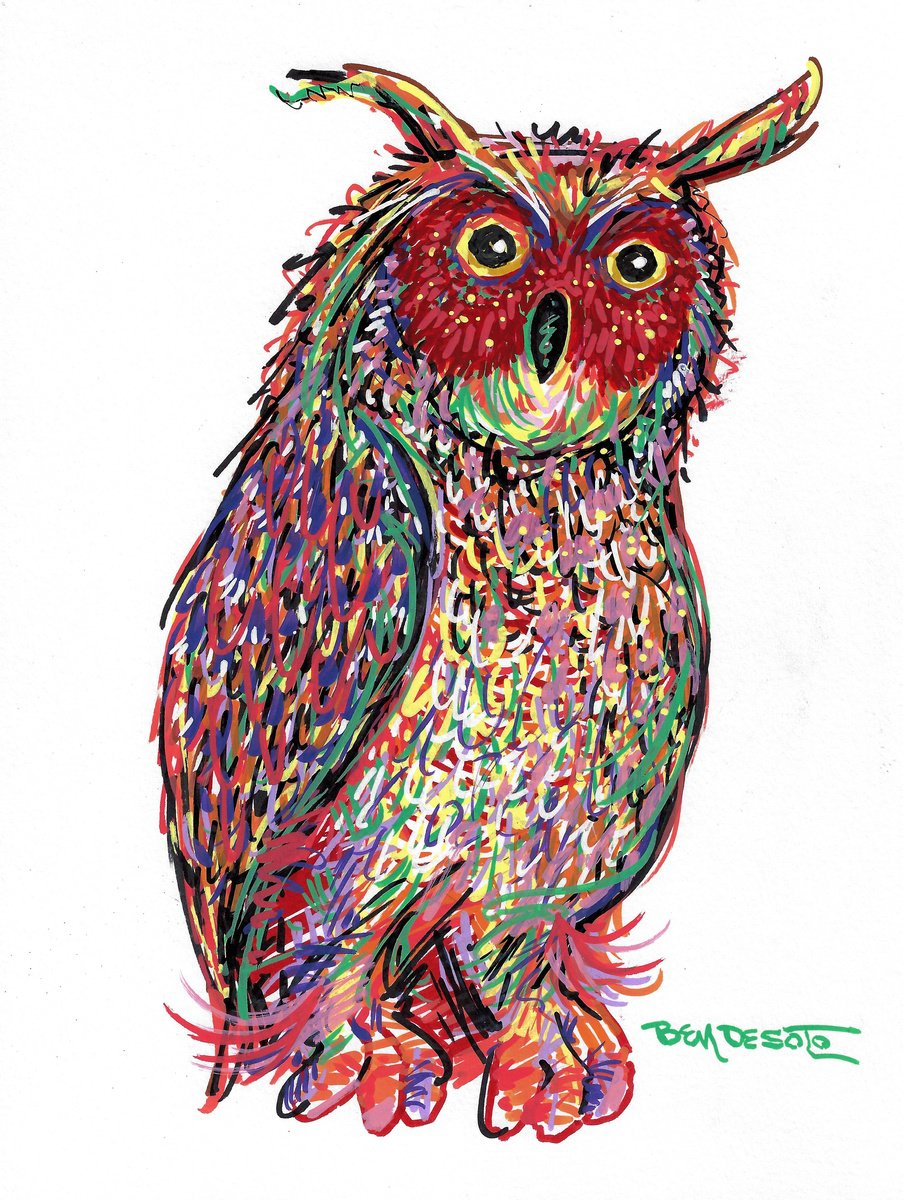Animal Acrylic Painting By Ben De Soto, 9 X 12, Owl 2, Original Artwork