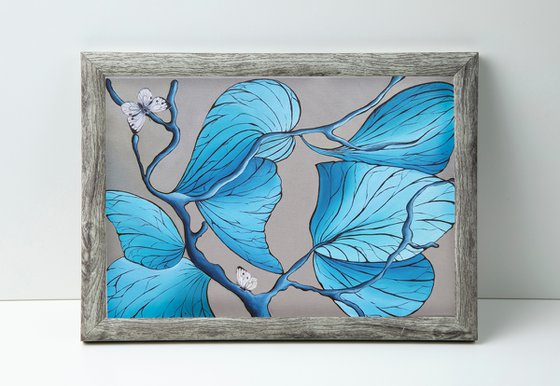 Wall Decore Hand Made Oil Painting Botanical Abstract Leaves Butterfly