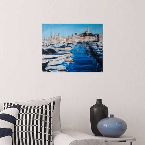 Marseille. Original oil painting from the harbor. Sea france blue Mediterranean boats ships white landscape seascape