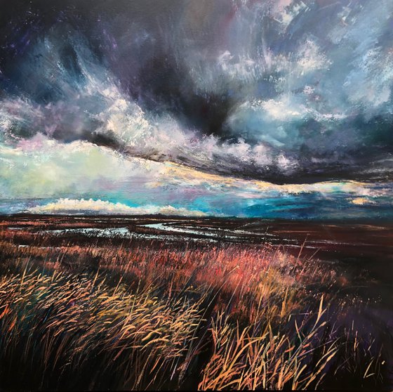 'Storm Across The East Marshes' Large Moody Landscape Oil Painting