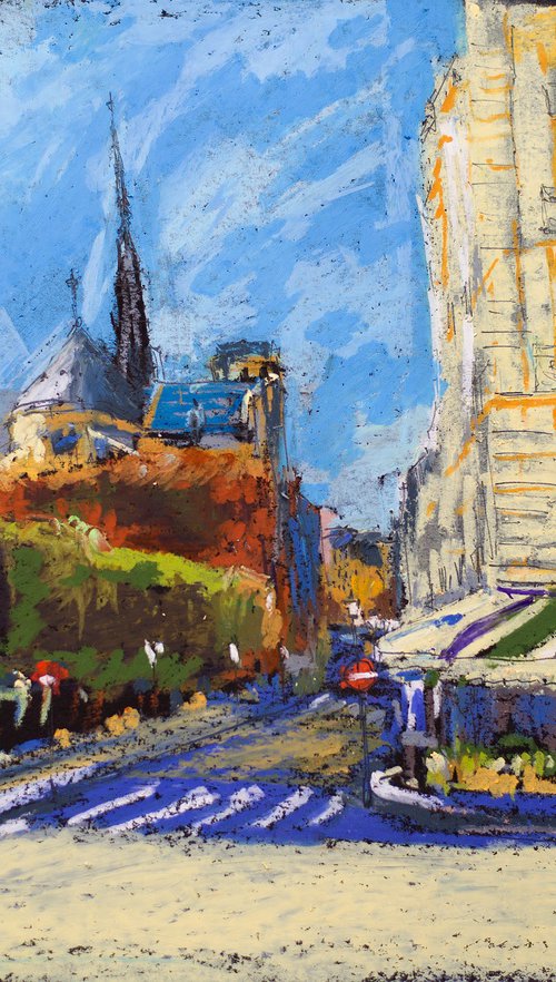 Notre Dame before the fire. View of cafe Esmeralda and cathedral from the bridge. Small oil pastel drawing bright colors paris by Sasha Romm