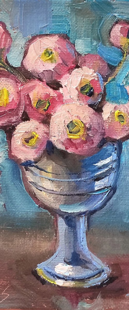 Pink Blossoms in a Silver Vase by Natalia Miasnikova