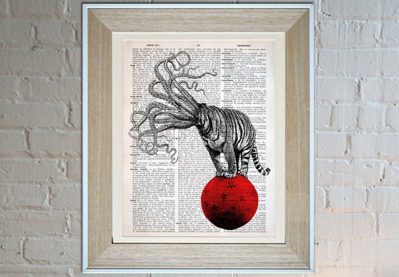 Octopus Circus - Collage Art Print on Large Real English Dictionary Vintage Book Page
