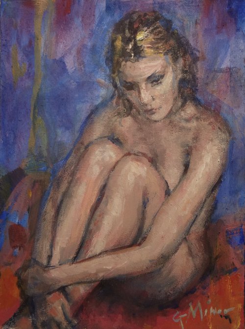 Young Woman Seated. Acrylic Painting on Panel.2022. by Gerry Miller