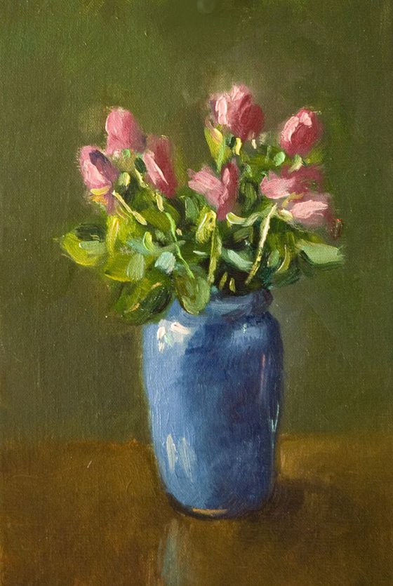 Pink Roses in Blue Vase