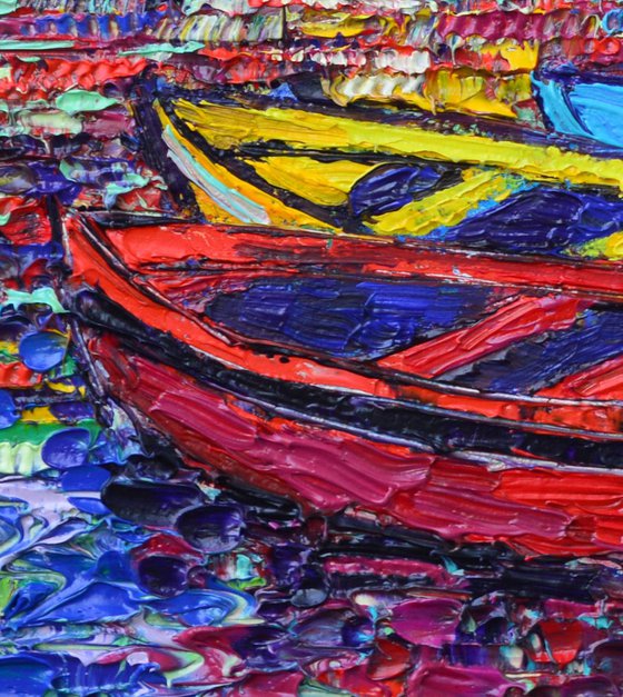 VERNAZZA COLORFUL BOATS CINQUE TERRE ITALY modern impressionism impasto textural palette knife oil painting stylized cityscape by Ana Maria Edulescu