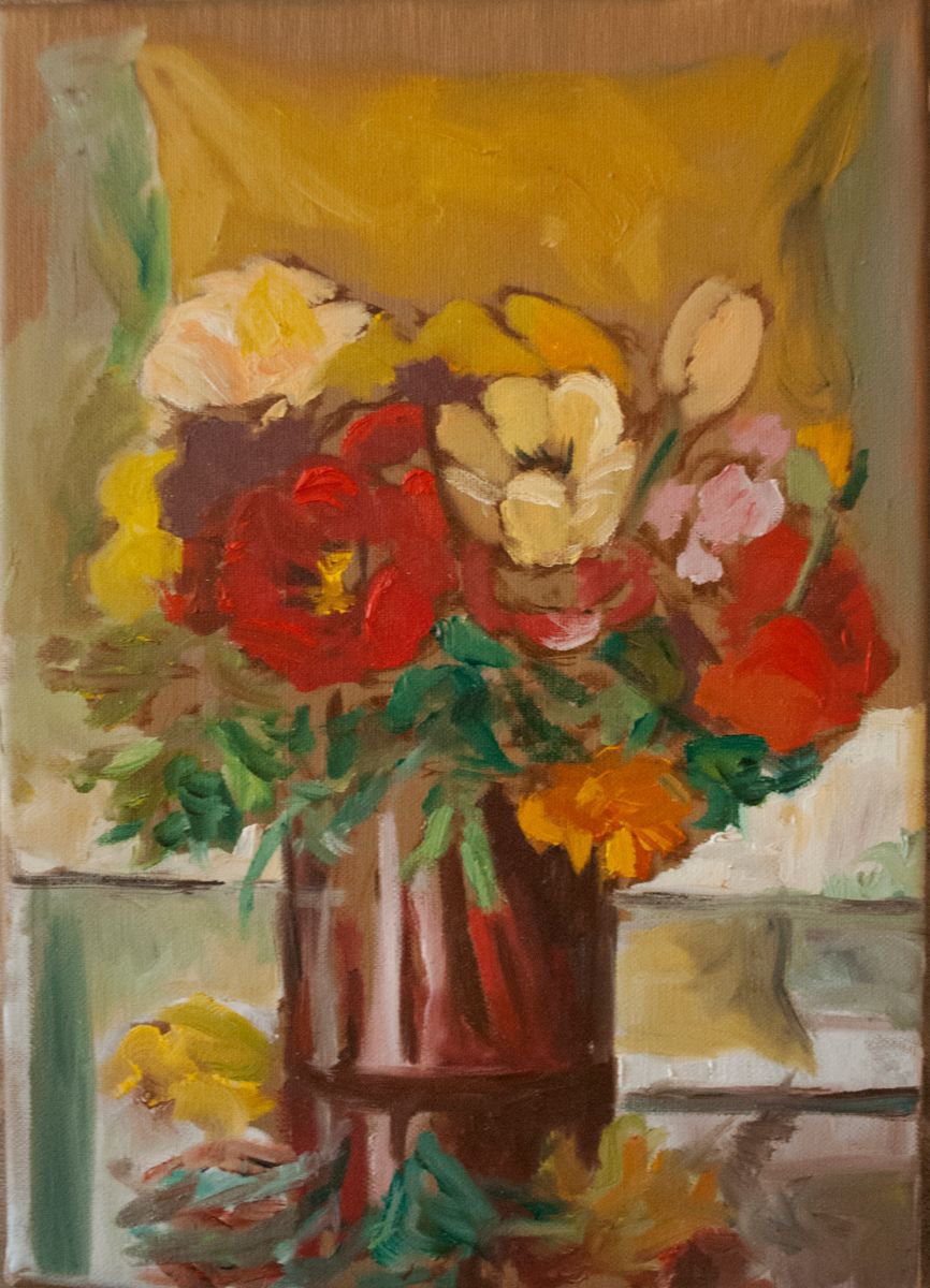 Impressionistic Still Life Oil Painting By Nikola Ivanovic, 10 X 14", Flower Study, Original Artwork
